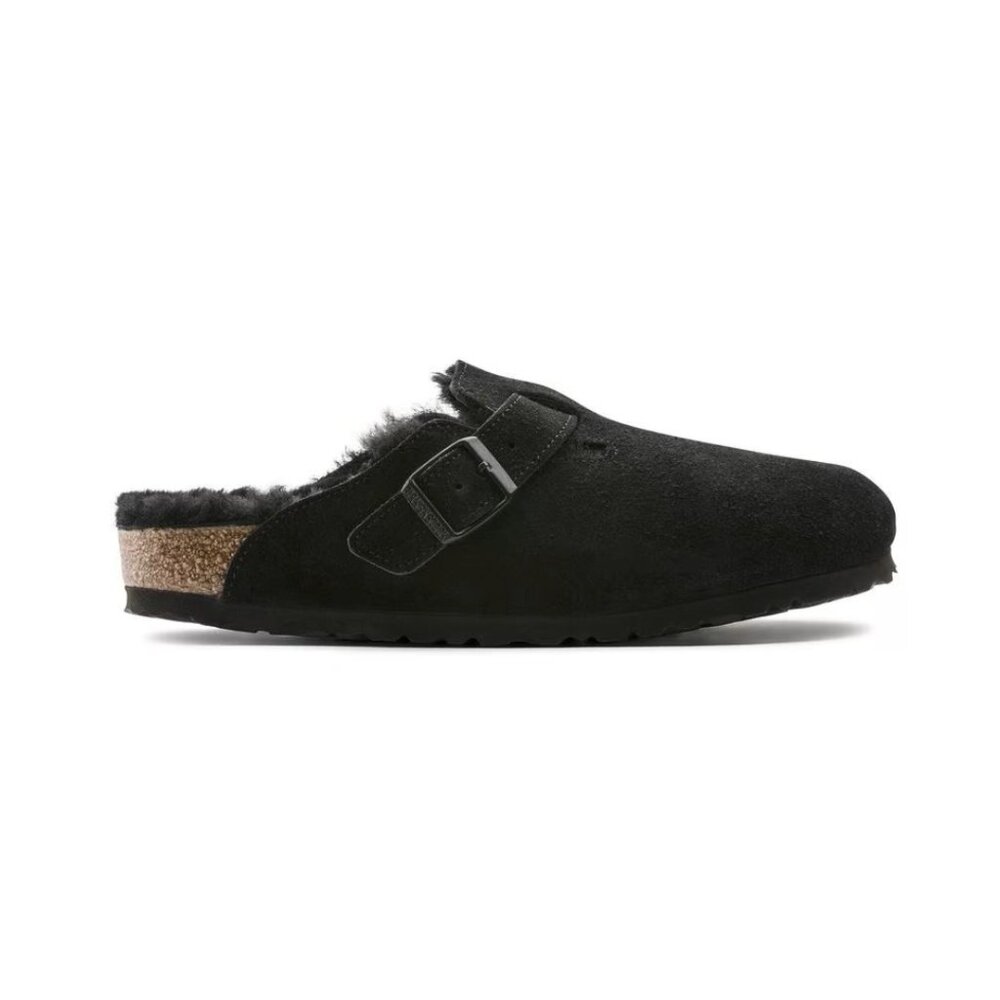 Birkenstock Boston VL Shearling  Suede Leather Black Unisex Clog Sandal